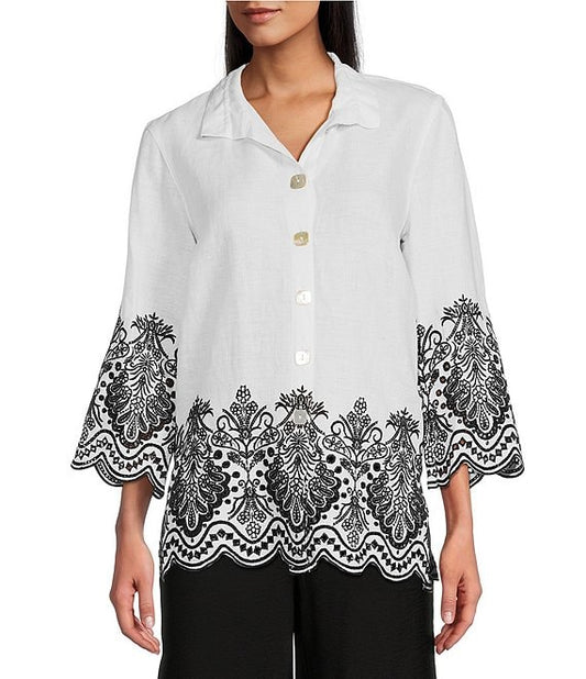 Linen Blend Embroidered Eyelet Point Collar 3/4 Sleeve Tunic