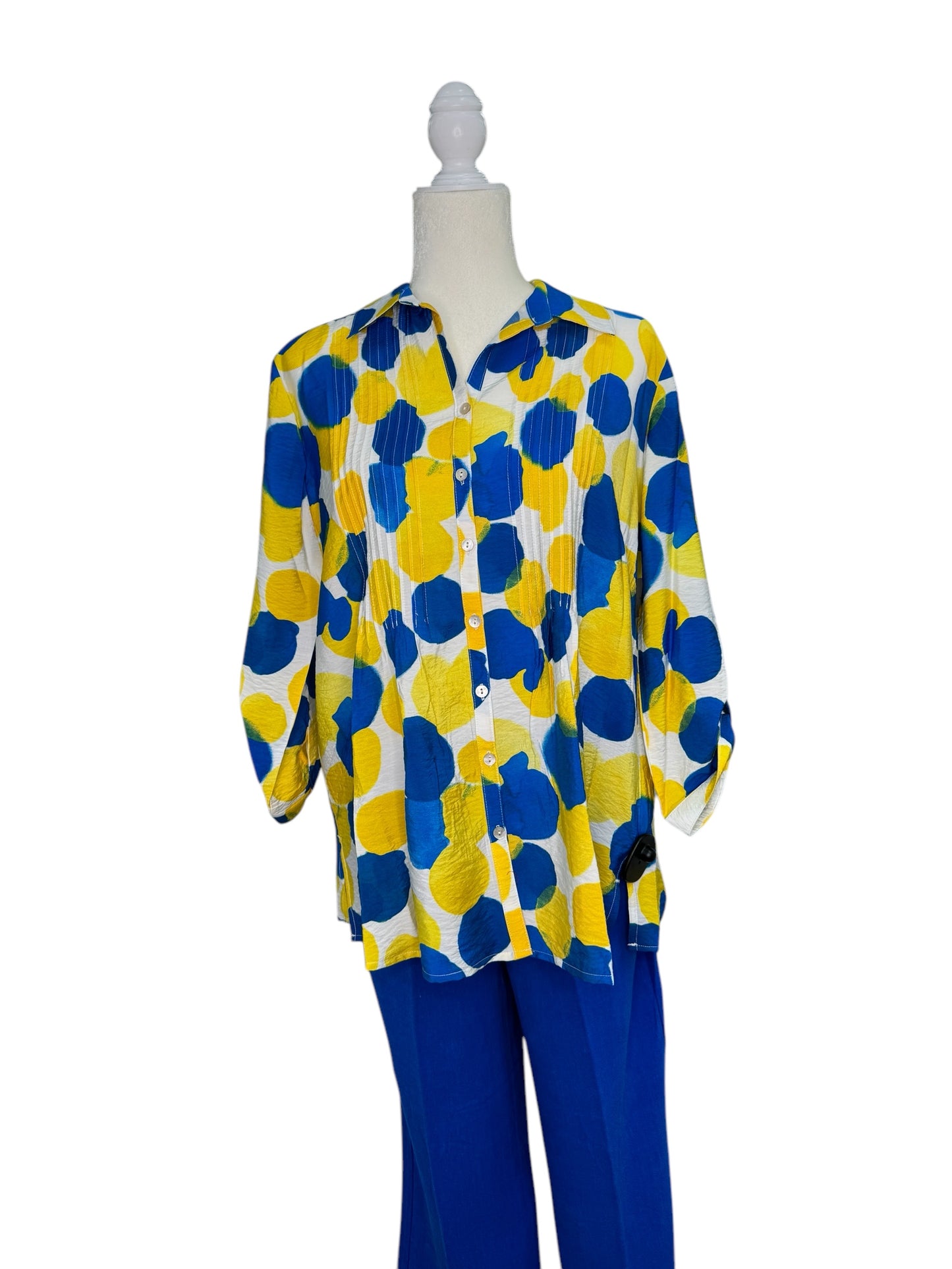 Vibrant Yellow & Blue Button-Down Blouse with Playful Dot Pattern