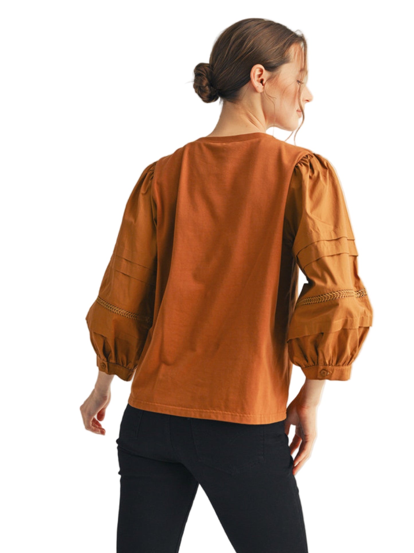 3/4 puff sleeves solid top, ladder lace trim detai - Toffee