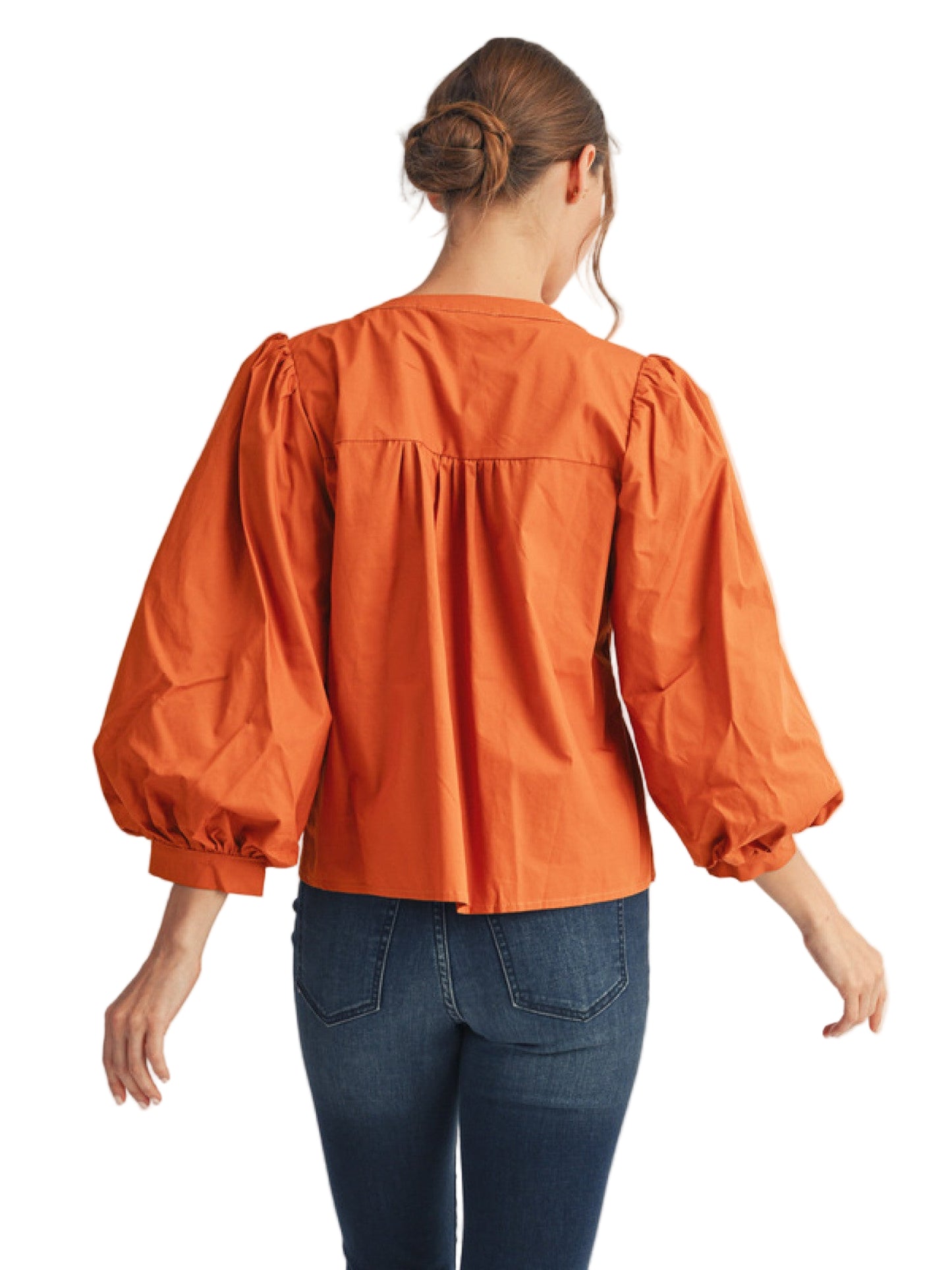 3/4 puff sleeves peplum top with eyelet accent