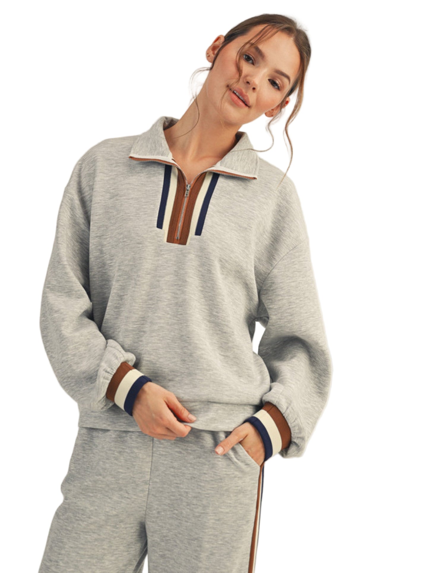 Long sleeves front zip up sweatshirt with colorblock trim detail.