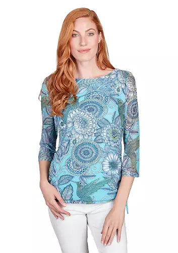 Ballet Neck Hummingbird Garden Printed Mesh Top with Side Ruched Detail
