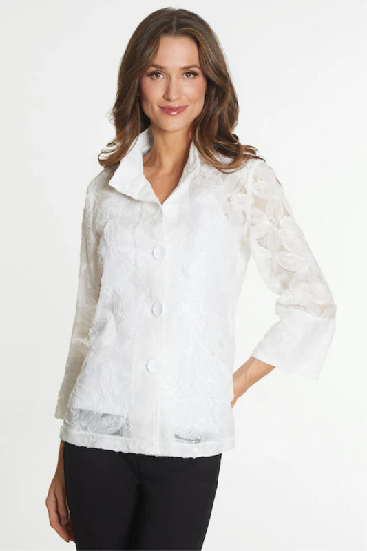 Embroidered Button Front Jacket - White
