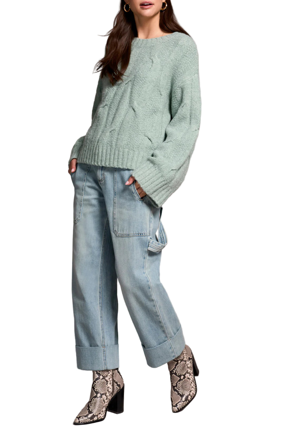 Tribal Crew Neck Loose Fit Cable Sweater - SilverPine