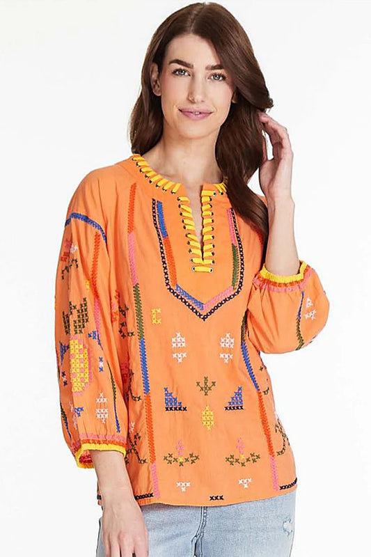 Orange 3/4 Blouse with Embroidery Detail