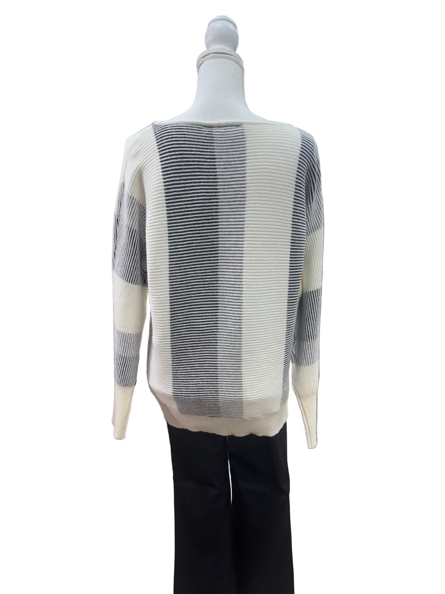 White Sweater with Black and Grey Stripes