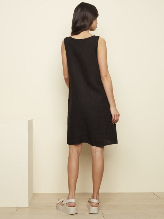 Black Linen V-Neck Dress With Pockets