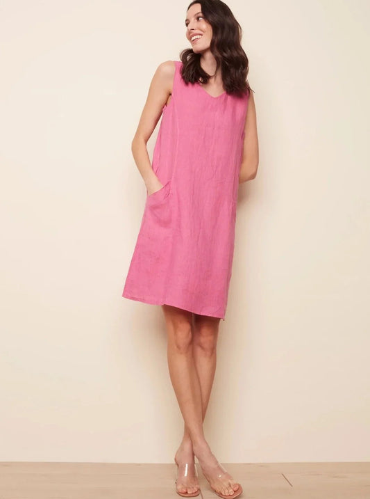 Pink Linen V-Neckline Dress with Pockets