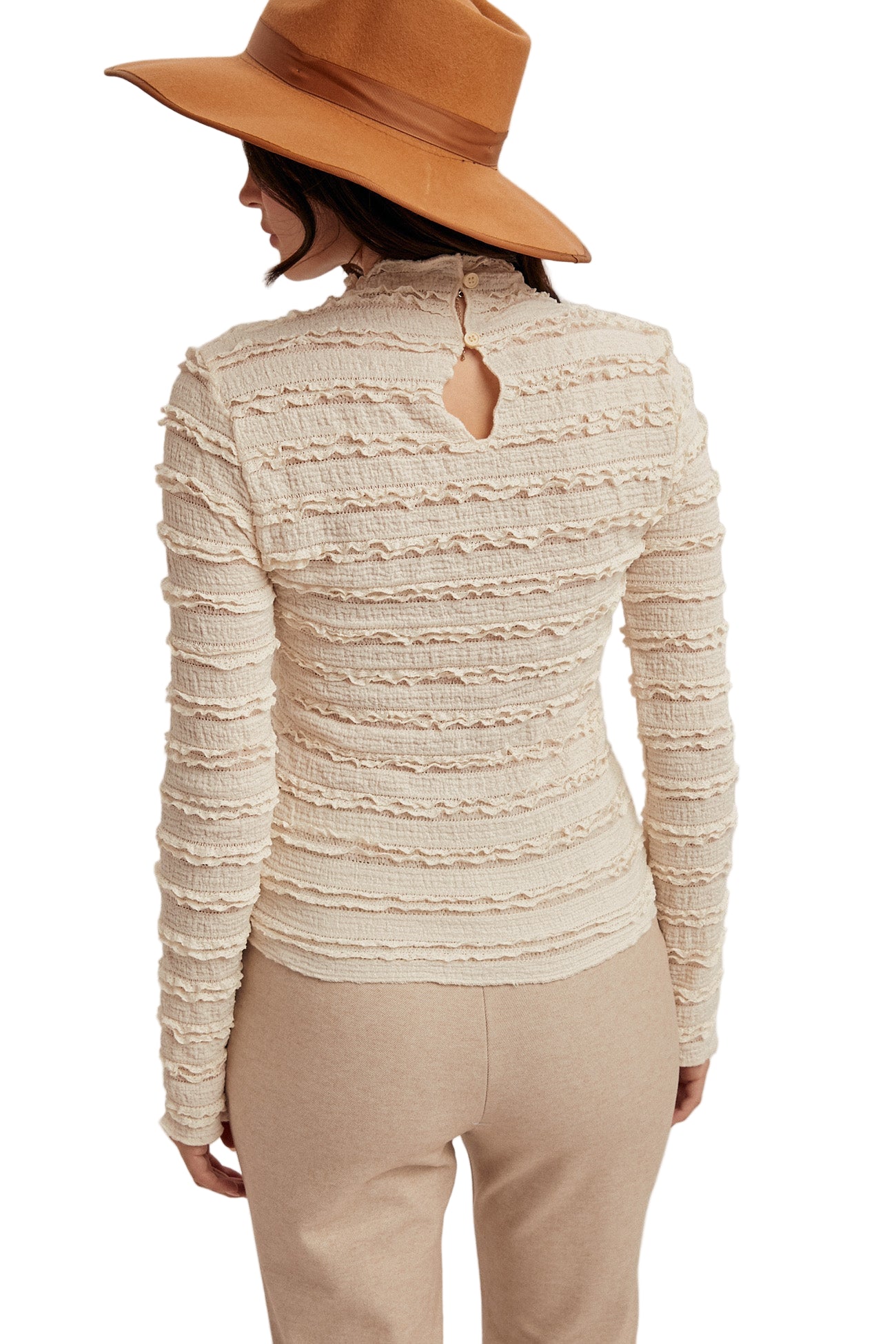 MOCK NECK RUFFLED LACE LONG SLEEVE TOP