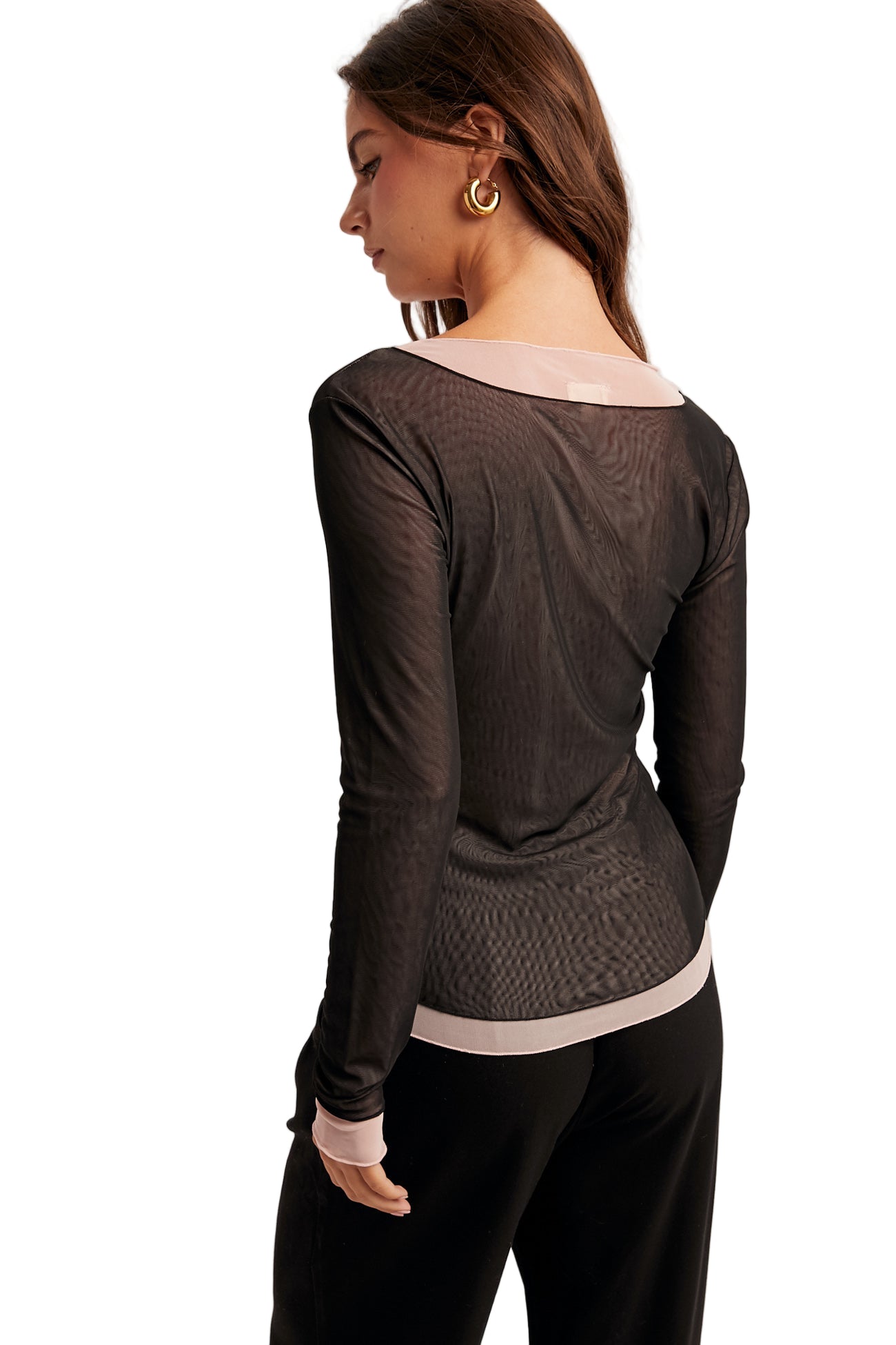 DOUBLE LAYER SCOOP NECK MESH TOP - black/pink