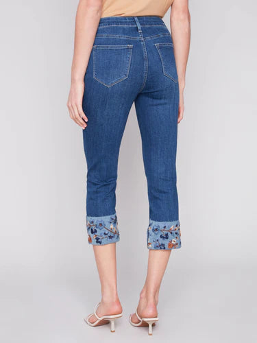 Cropped Jeans With Embroidered Cuff - Indigo