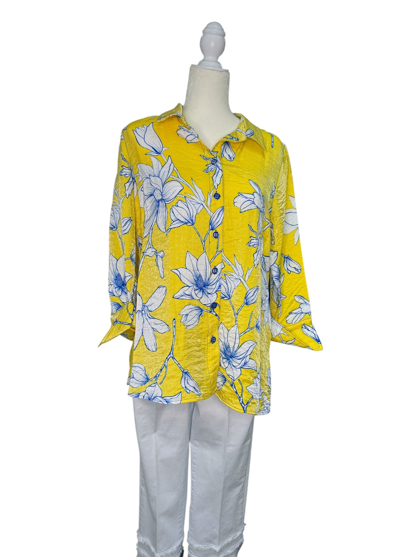 Shimmery Yellow Button-Down Blouse with White Flowers and Blue Accents