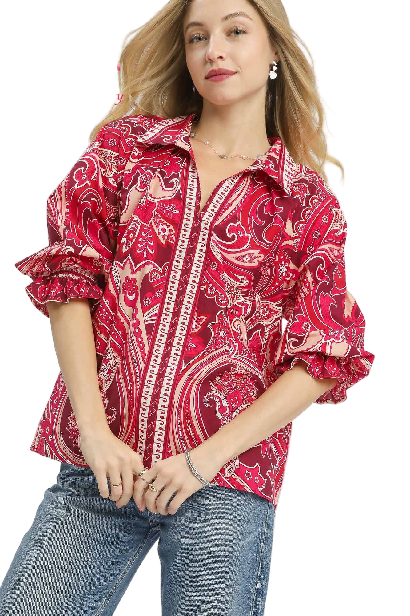 Paisley Print Button-Down Blouse