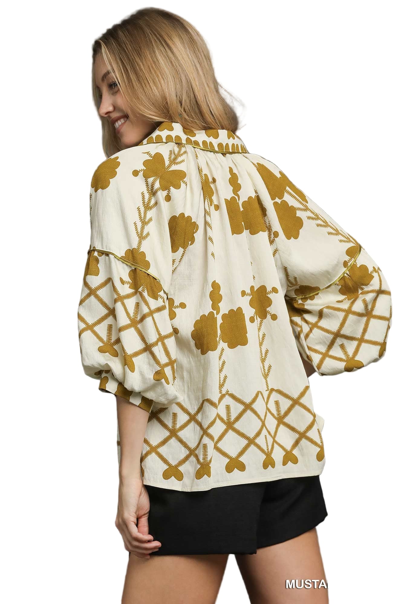 Boho Peasant Top with Balloon Sleeves - Mustard