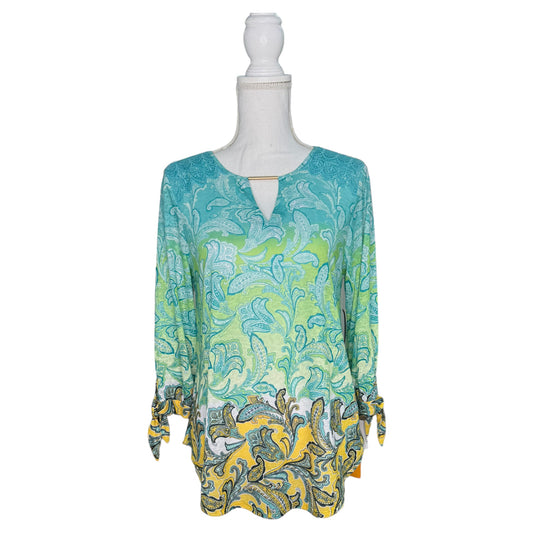 Blue-Green Paisley Blouse with Tie Sleeves and Gold Neck Piece