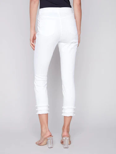 Frayed Hem Cropped Twill Pants - White