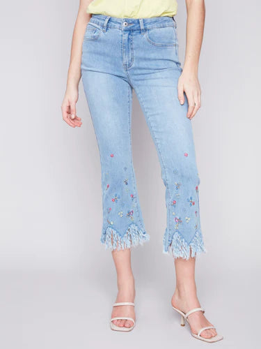 Cropped Jeans with Embroidered Fringe Hem - Light Blue