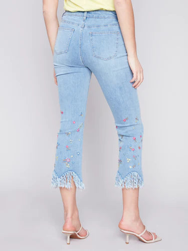Cropped Jeans with Embroidered Fringe Hem - Light Blue