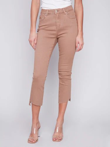 Cropped Bootcut Twill Pants with Asymmetrical Hem - Caramel