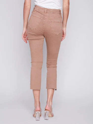 Cropped Bootcut Twill Pants with Asymmetrical Hem - Caramel