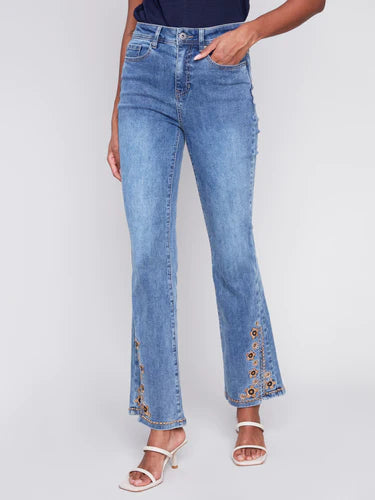 Embroidered Bootcut Jeans with Front Slits - Medium Blue
