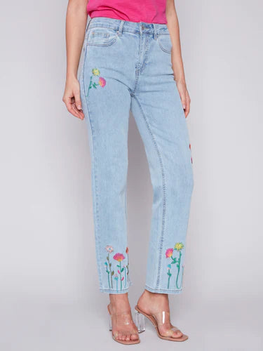 Floral Embroidered Jeans - Bleach Blue