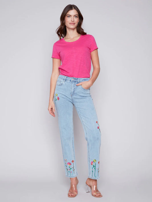 Floral Embroidered Jeans - Bleach Blue
