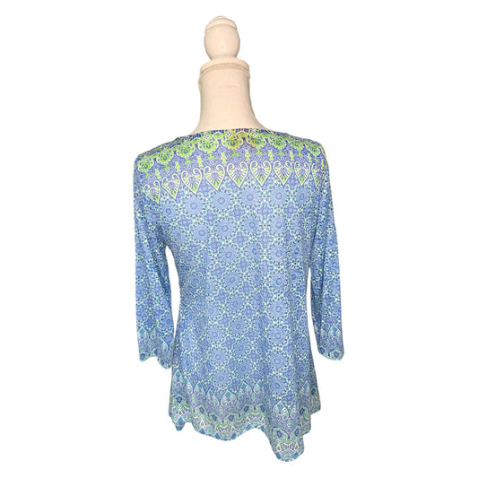 3/4-Sleeve Blue and Green Medallion Blouse