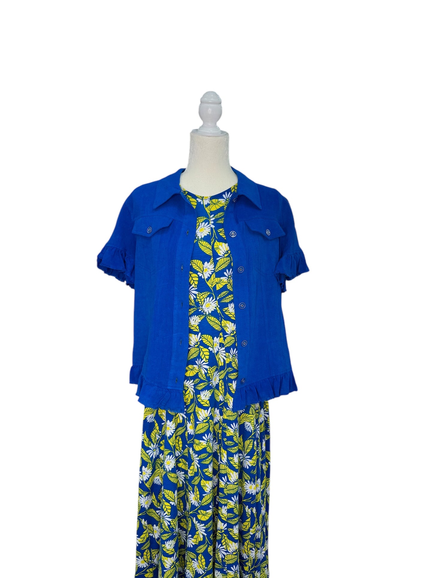 Royal Blue Button-Up Cardigan with Ruffle Details