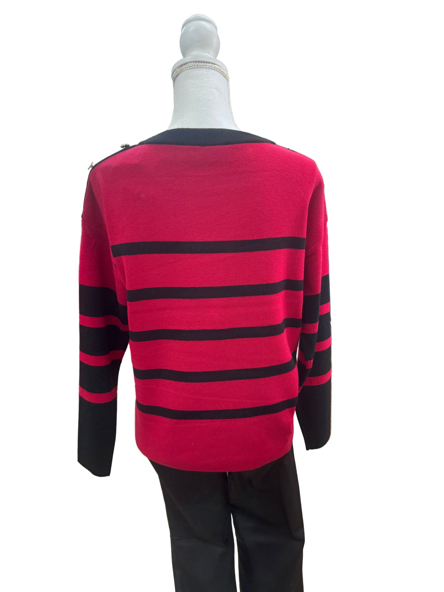 Red and Black Striped Top with Gold Button Sleeve Detail