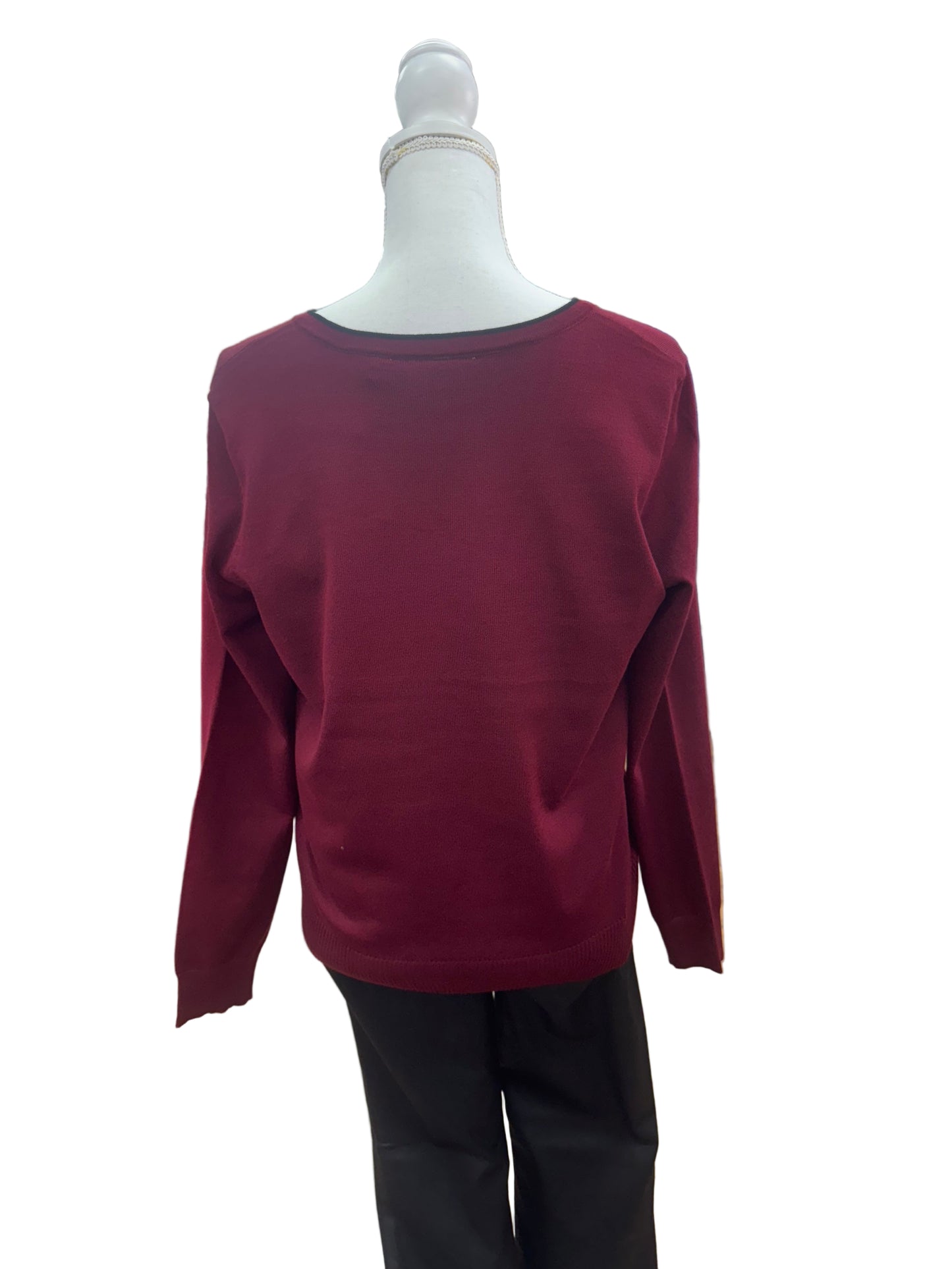 Maroon Sweater with Black V-Neckline Detail