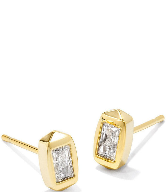 Fern Crystal Stud Earrings - Gold White Crystal