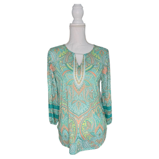 Knit Paisley 3/4-Sleeve Blouse with Silver Neck Piece - Teal and Green