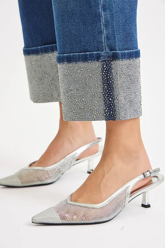 High Rise Ankle Cuff Rhinestone Jean