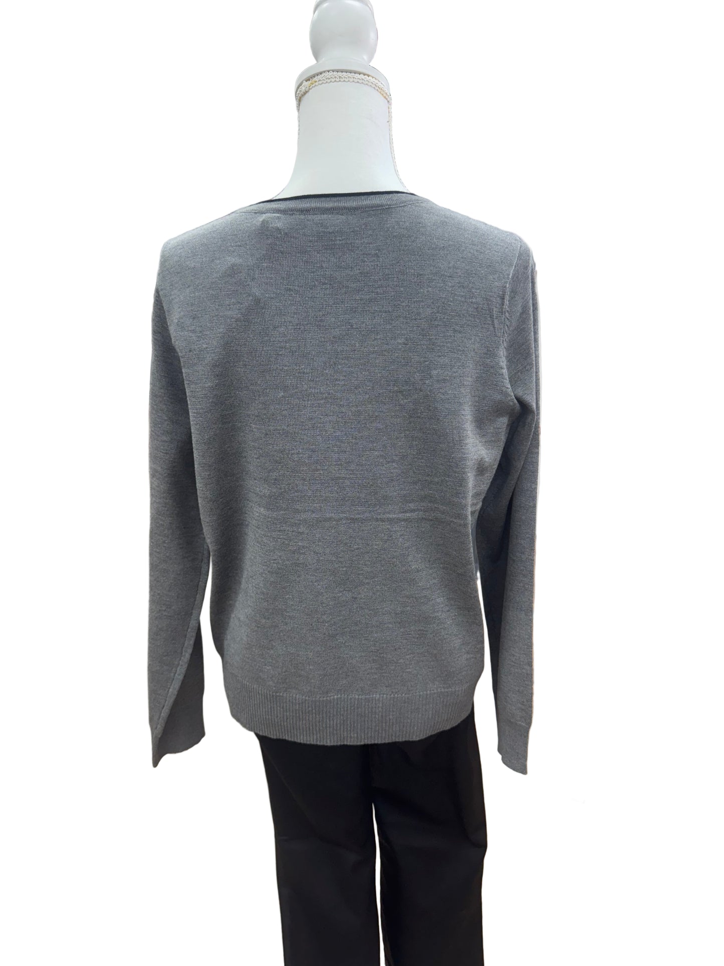 Grey Sweater with Black V-Neckline