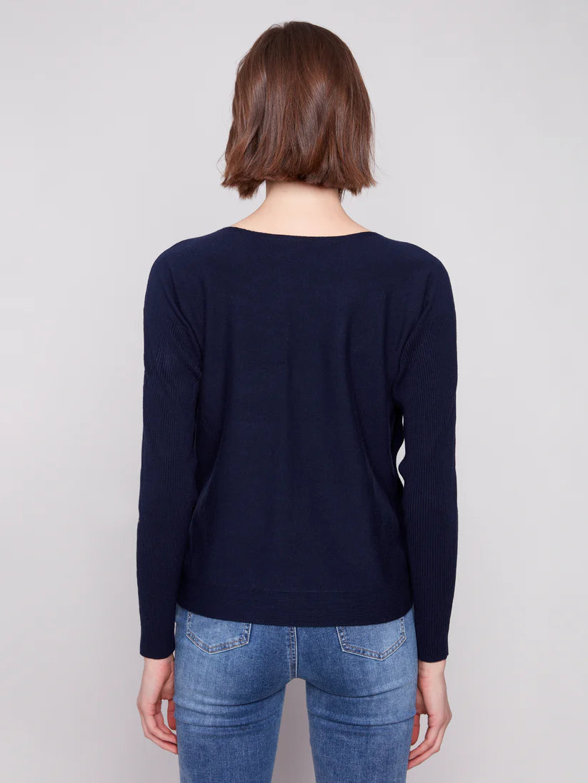 Charlie B Boat Neck Sweater w/Side Buttons Detail - Navy