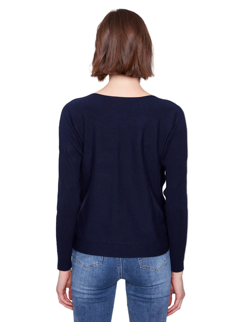Charlie B Boat Neck Sweater w/Side Buttons Detail - Navy