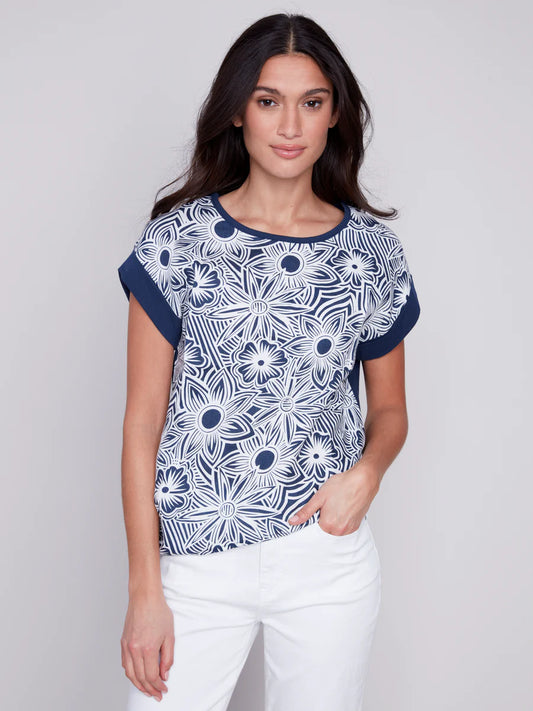 Front Tie Floral Shirt - Navy