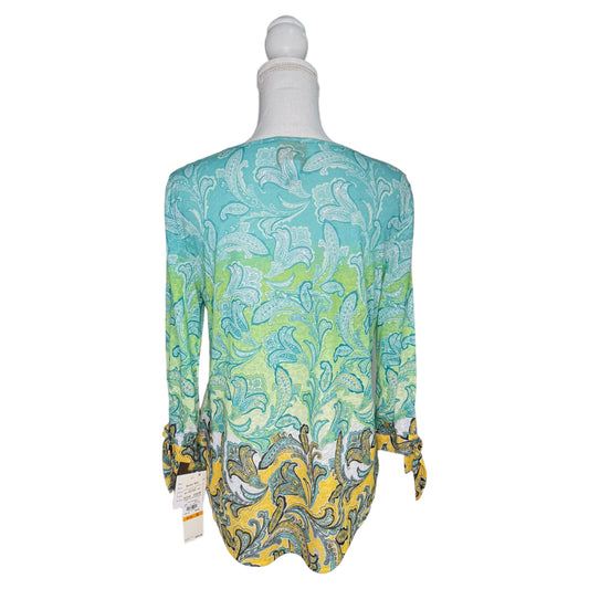 Blue-Green Paisley Blouse with Tie Sleeves and Gold Neck Piece