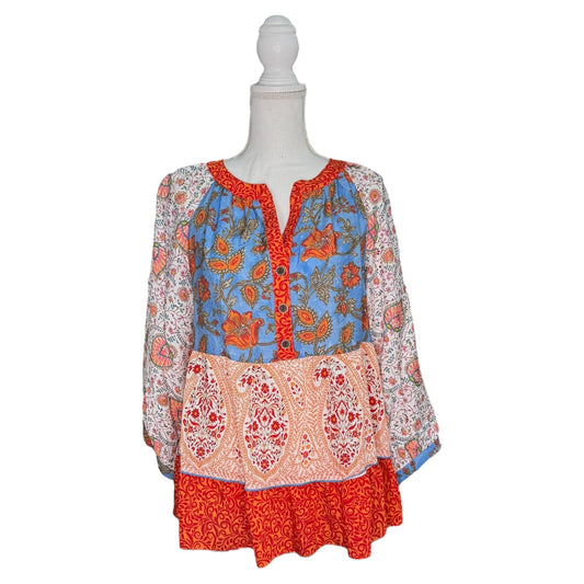 Blue and Orange Tiered Blouse with Paisley Design