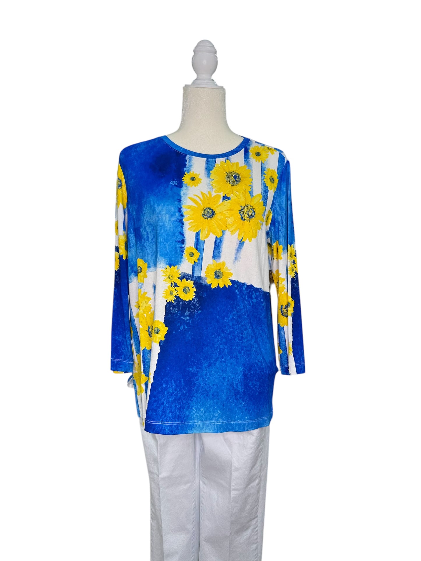 Soft Long Sleeve Top with Yellow Flowers and Rhinestone Details