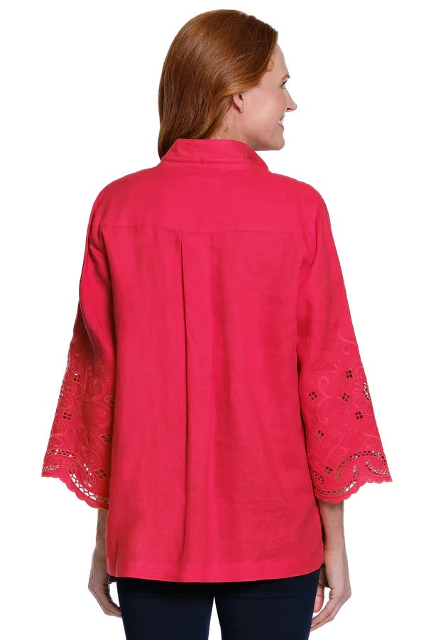 Linen Top with Embroidered Eyelet Sleeves - Vivid Red
