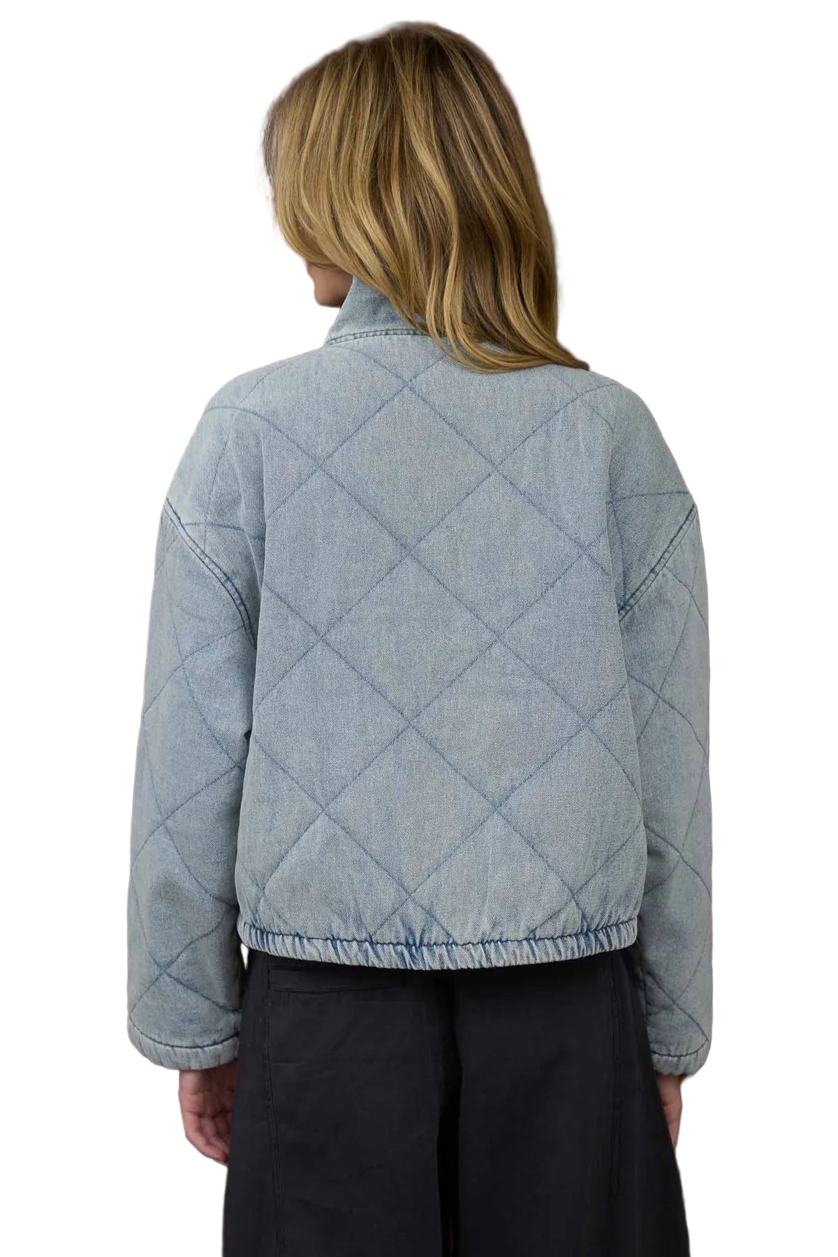 WASHED DENIM QUILTED FRONT TIE PUFFER JACKET