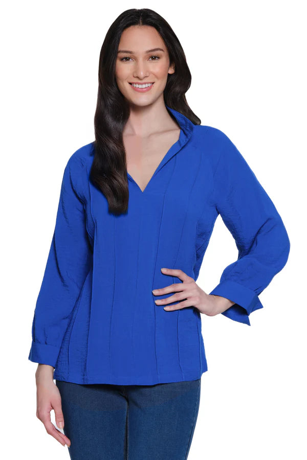 John Mark Split Neck Top with Pintuck Detail - Cobalt