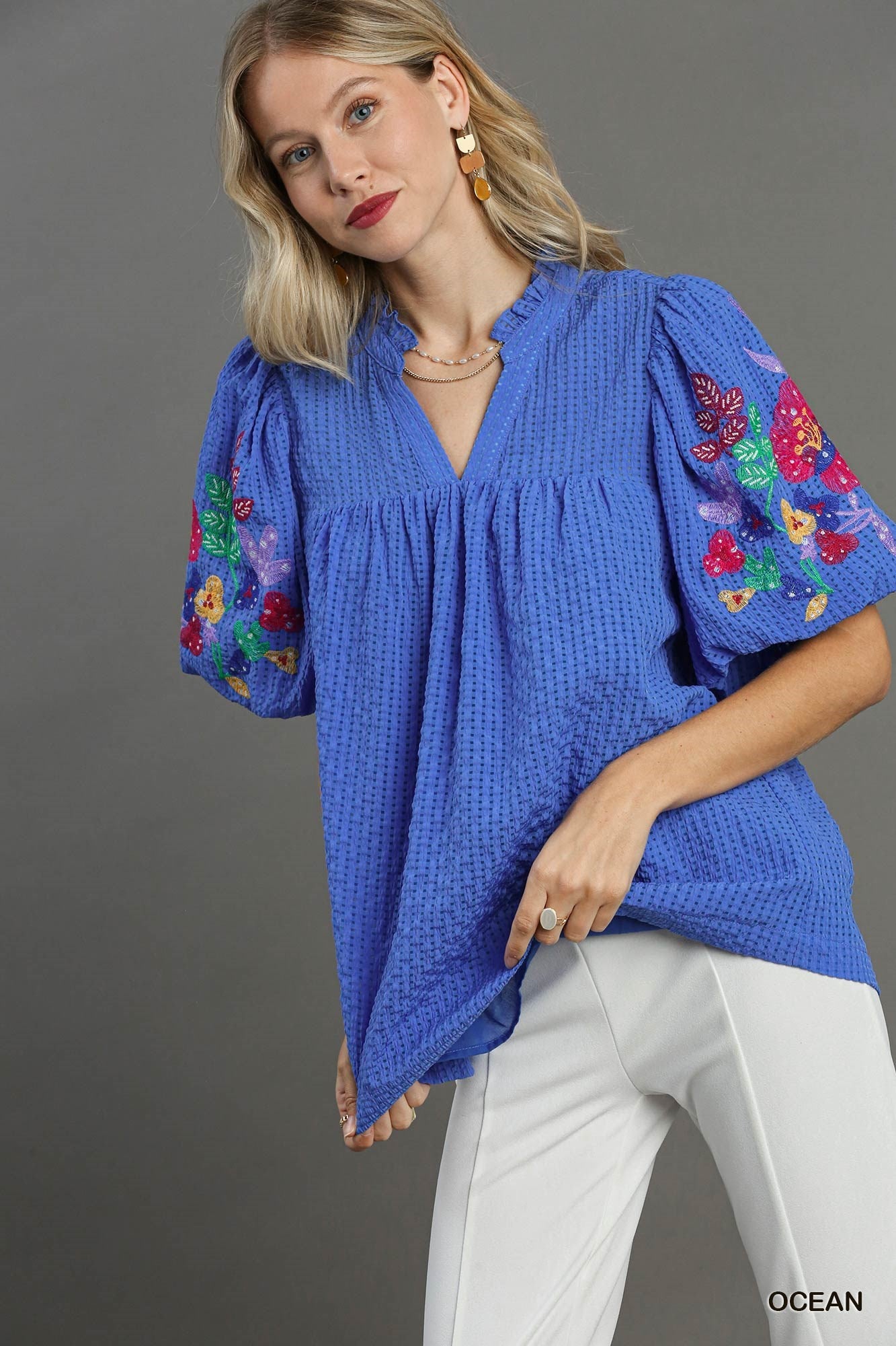 Embroidered Puff Sleeve Blouse