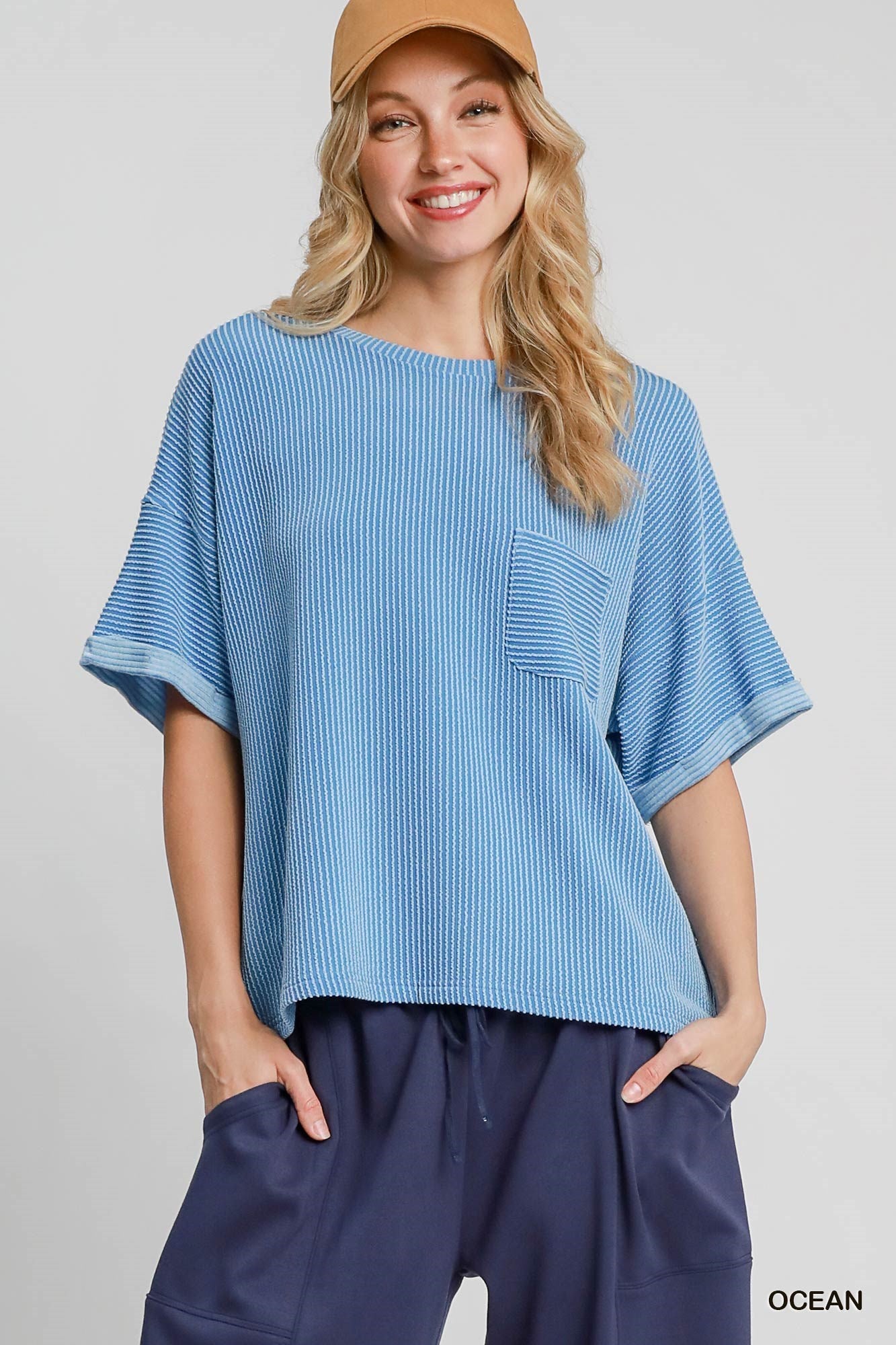 Chest Pocket Textured Knit Top