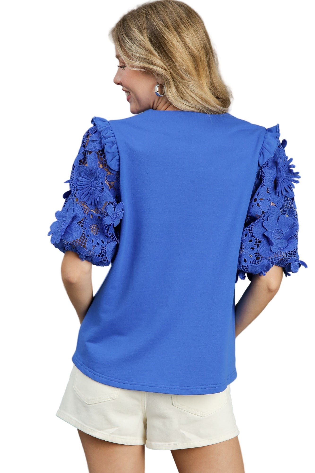 French Terry Boxy Cut Top with 3D Floral Lace Contrast Sleeve