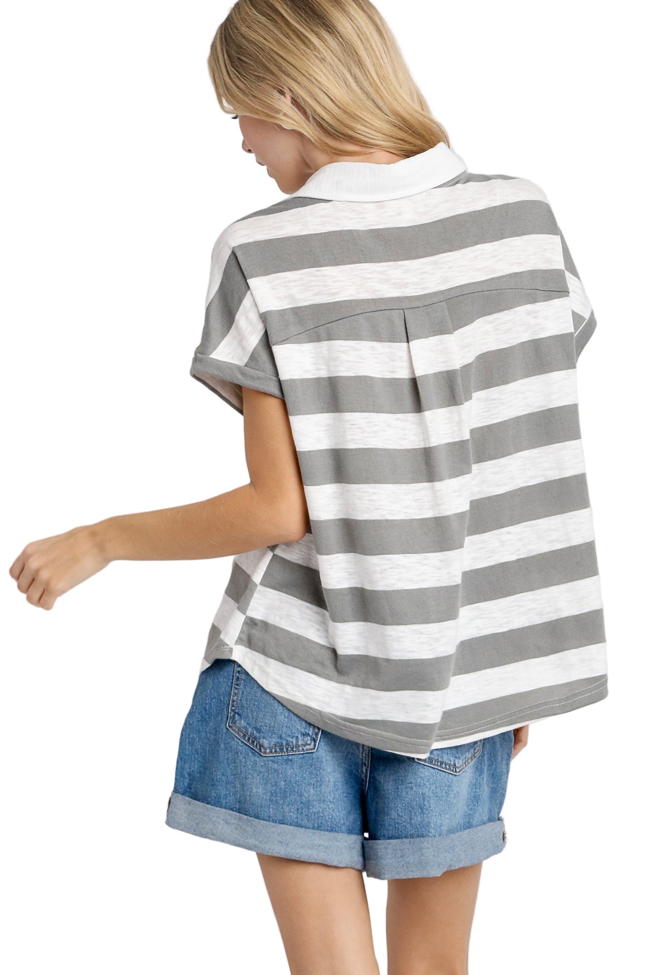 Stripe Knit Collared Boxy Cut Top with Short Dolman Sleeves