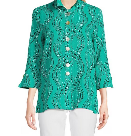 Dotted Wavy Lines Print 3/4 Sleeve Blouse - Seafoam