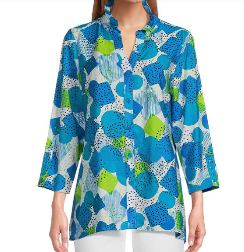 Crinkle Woven Printed Collared V-Neck 3/4 Sleeve Blouse